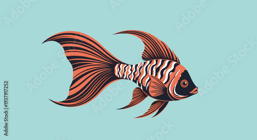 Striking illustration of a tropical fish features bold orange and black stripe patterns and flowing fins on a blue background.