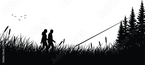 Silhouette of people walking in tall grass with trees, birds, and angled line for nature, design, and illustration reference