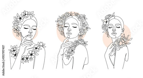 Set of three graceful one-line drawings of women is beautifully accented with delicate floral elements on their hair and shoulders.