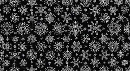 Detailed black and white pattern is filled with a dense variety of unique snowflake shapes and sizes on a black background.
