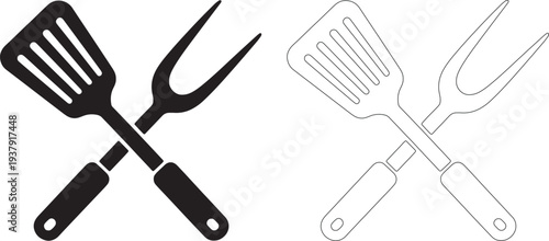 Black and white line crossed spatula fork kitchen utensils