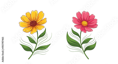 Two simple and colorful flower illustrations show a yellow and a pink blossom on green stems with stylized leaf details.