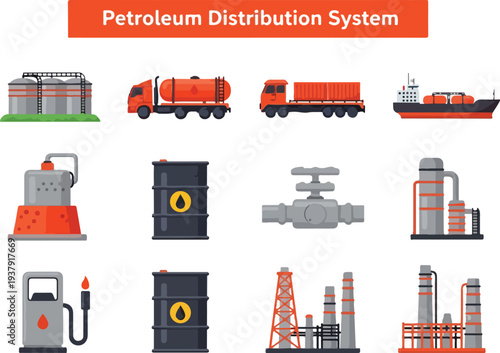 Illustration of a petroleum distribution system showing oil containers transport and refinery components