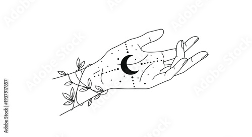 Mystical line drawing of a hand is decorated with astronomical symbols including a crescent moon and twinkling stars on white.