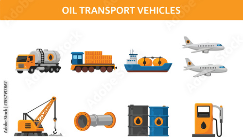 Illustration featuring various oil transport vehicles and components including tankers airplanes and barrels