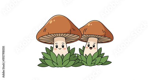 Pair of cute cartoon mushrooms with happy faces and bright eyes are nestled together in thick green grass against a clean white background.