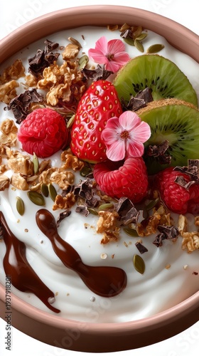 A creamy bowl of yogurt sits invitingly, adorned with vibrant strawberries, raspberries, kiwi slices, and crunchy granola
