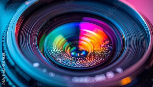 professional digital camera sensor reflecting colorful light, 