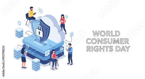 Illustration of people around a large computer with a shield and lock, symbolizing consumer rights awareness and protection on World Consumer Rights Day, with a fair trade concept against a