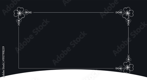 Elegant white floral border design features delicate clover blossoms and leaves set against a dark navy blue background with a white arc.