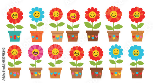 Cheerful collection of smiling cartoon flowers in various colorful pots decorated with hearts are arranged in two neat rows on white.