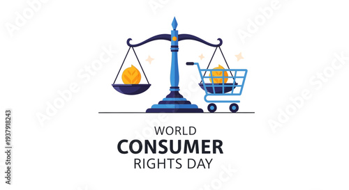 Flat design illustration of a scale and shopping cart for World Consumer Rights Day, symbolizing fair trade and customer protection with a blue, yellow and black color scheme.