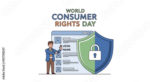 Illustration of a man presenting a login form and shield with a padlock on World Consumer Rights Day, highlighting consumer protection and fair trade concepts against a clean background.