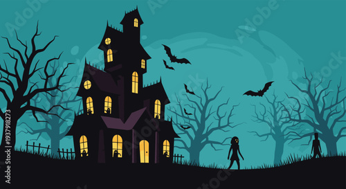 Dark silhouette of a spooky haunted house stands on a hill surrounded by bare trees bats and walking zombies under a large moon at night.