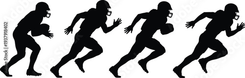 Black Silhouette Vector Set Featuring American Football Players in Action Running Poses Sport Athletes in Helmets for Team Competition Graphics