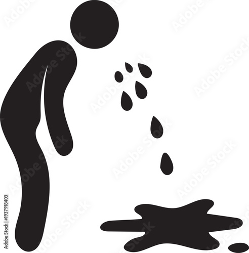 A person vomiting or bleeding into a puddle on the ground in a simple graphic illustration