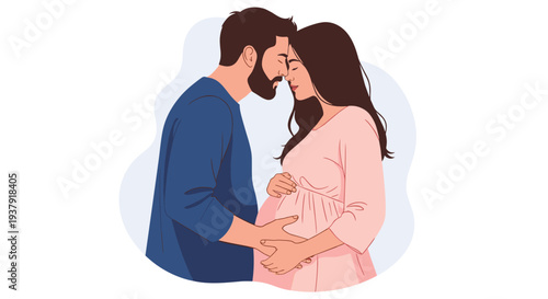 Loving bearded man gently touches his pregnant wife's belly while they stand close together in a tender moment of anticipation and joy.
