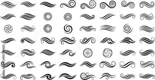 Black Silhouette Vector Set Featuring Modern Home Furniture Icons Minimalist Office Chairs Sofas Tables Decorative Swirls and a Shepherd With Sheep