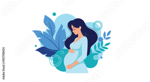 Beautiful silhouette of a pregnant woman is surrounded by artistic blue leaves and abstract circles symbolizing the beauty of motherhood.