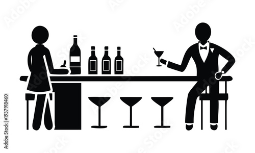 Black silhouette of couple at cocktail bar vector