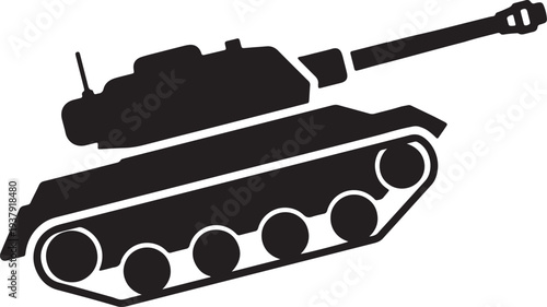 A black silhouette of a military tank on a white background