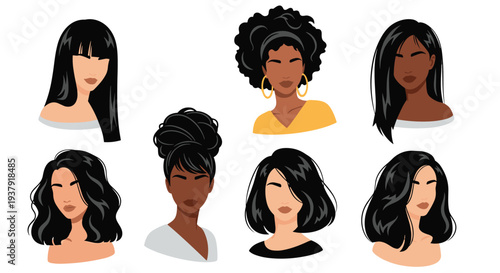 Collection of diverse female avatar heads showcases various skin tones and trendy hairstyles including curls buns bangs and straight locks.