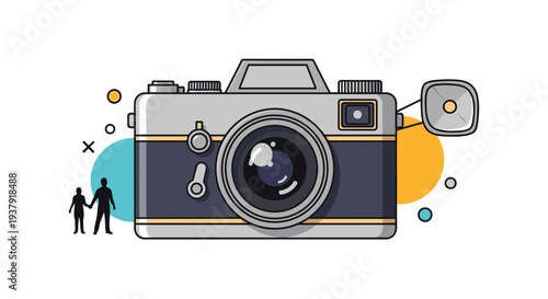 Creative illustration of a classic silver and black film camera features small silhouettes of a family walking together beside the lens.