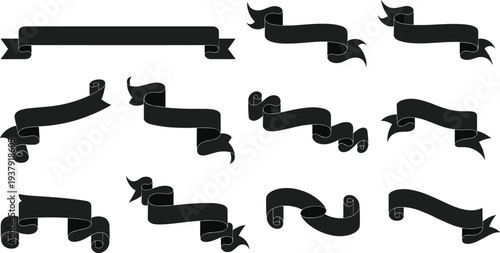 Black Silhouette Vector Set of Vintage Ribbon Banners and Scroll Decorative Elements for Classic Labels Greeting Cards and Retro DesignBlack Silhouette Vector Set of Vintage Ribbo