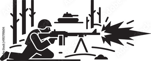 A soldier kneels and fires a machine gun in a wooded area during combat operations