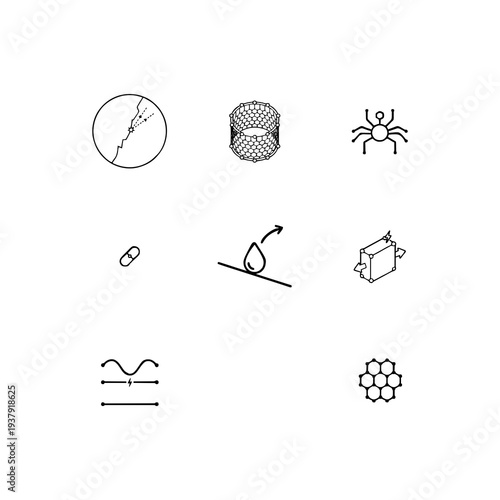 Smart materials and nanotechnology linear icon set, self-healing polymers, carbon nanotubes and nanobotics research vector symbols