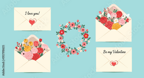 Romantic collection for valentine's day features open envelopes overflowing with colorful flower bouquets hearts and love greeting notes.