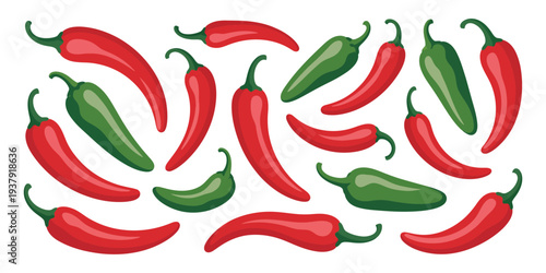 Spicy pepper cartoon collection, red chili and green jalapeno vegetables for Mexican cuisine, hot sauce ingredient symbols, serrano and paprika food spice vector illustration for branding.