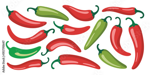 Cartoon red chili and green jalapeno peppers vector, spicy vegetable illustration for Mexican hot sauce, serrano and paprika pepper food spice icons for logo, label and menu design.