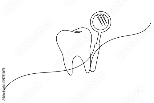 Dental Checkup Concept Tooth and Mirror Continuous One Line Drawing Dentist Examination Vector Illustration