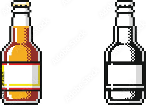 Pixel art illustration of two beer bottles, one in color and one in black and white, with a retro video game aesthetic.