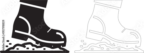 Bold silhouette of a farmer boot stepping into mud