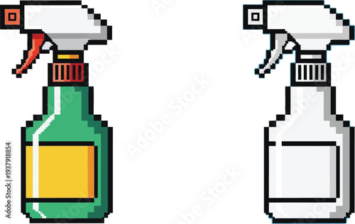 Two pixel art style spray bottles, one green and one white, for cleaning or gardening.