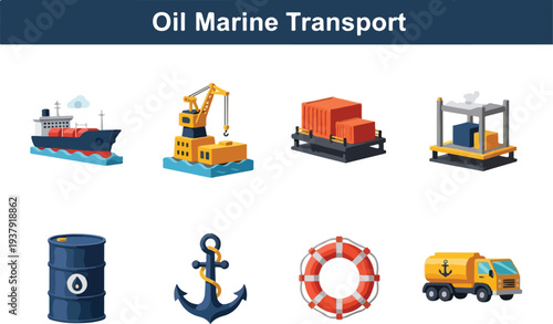 Illustration of oil marine transport icons including a ship crane cargo containers barrel anchor life preserver and tanker truck