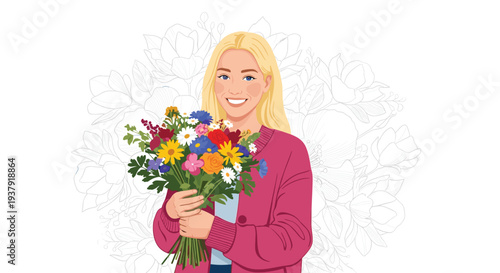 Beautiful blonde woman with a radiant smile holds a large bouquet of vibrant multicolored flowers against a faint floral line art backdrop.