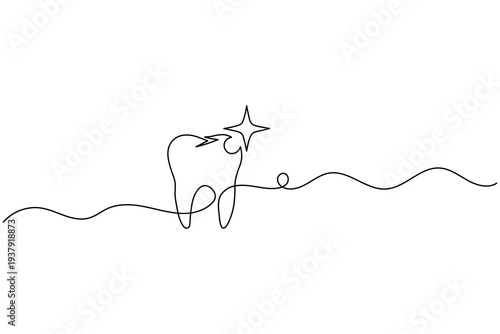 Teeth Whitening Concept Shiny Clean Tooth with Sparkle Continuous One Line Art Drawing Dental Care Vector