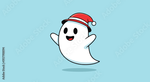 Friendly little white ghost character with a happy expression wears a red santa hat for a whimsical halloween or christmas crossover theme.