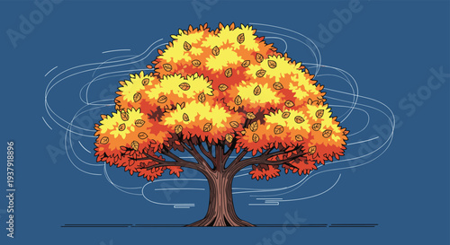 Large oak tree with vibrant orange and yellow autumn leaves stands tall while wind lines swirl through the canopy on a dark blue background.