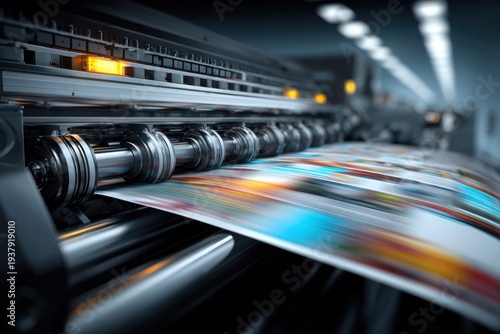 Close-up of a high-speed printing press in action, producing colorful printed materials