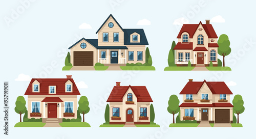 Suburban set of five diverse family houses shows different architectural styles and colors with manicured lawns and trees on a light blue background.