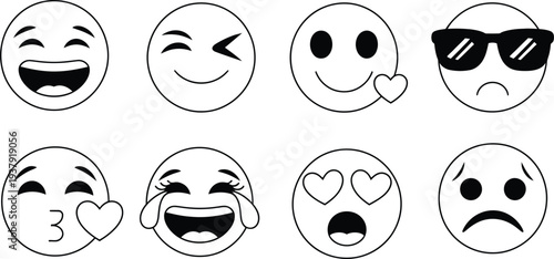 Eight black and white emoji faces with different expressions