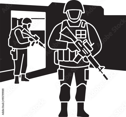 Two soldiers in tactical gear breaching a door with caution
