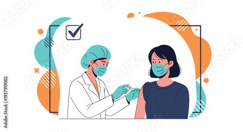 Professional female doctor wearing protective gear and mask administering a vaccine to a young woman in a modern flat illustration.