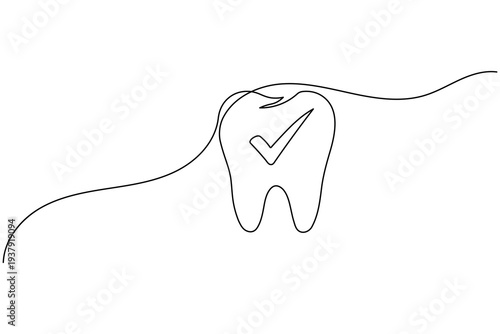 Healthy Tooth with Check Mark Continuous One Line Art Dental Approval Verified Oral Health Icon Vector