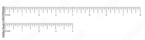 Measuring chart, ruler scale with 4 and 8 inches set. Length measurement distance, height, math. Sewing tool with four and eight inch templat
