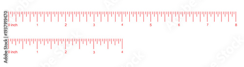 Measuring chart, ruler scale with 4 and 8 inches set. Length measurement distance, height, math. Sewing tool with four and eight inch templat